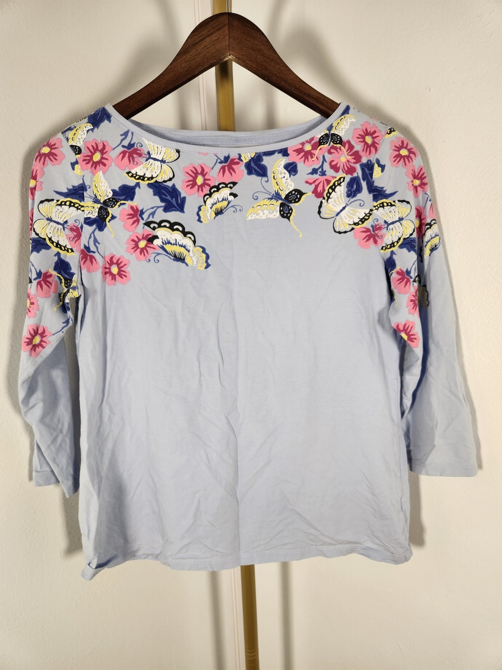 Talbots Light Blue Floral & Butterfly Boatneck 3/4 Sleeve Tee